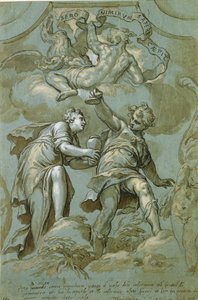 Pandora oferece a caixa para Epimetheus (caneta e tinta e lavar no papel)